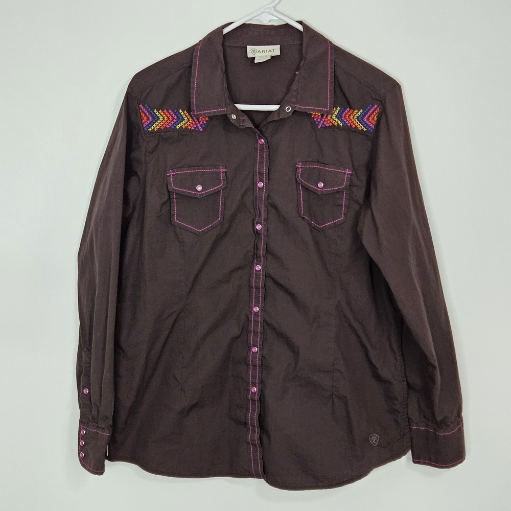 Ariat Womans Shirt Sz XL Pearl Snap Button Brown Colorful‎ Cross Stitch Western